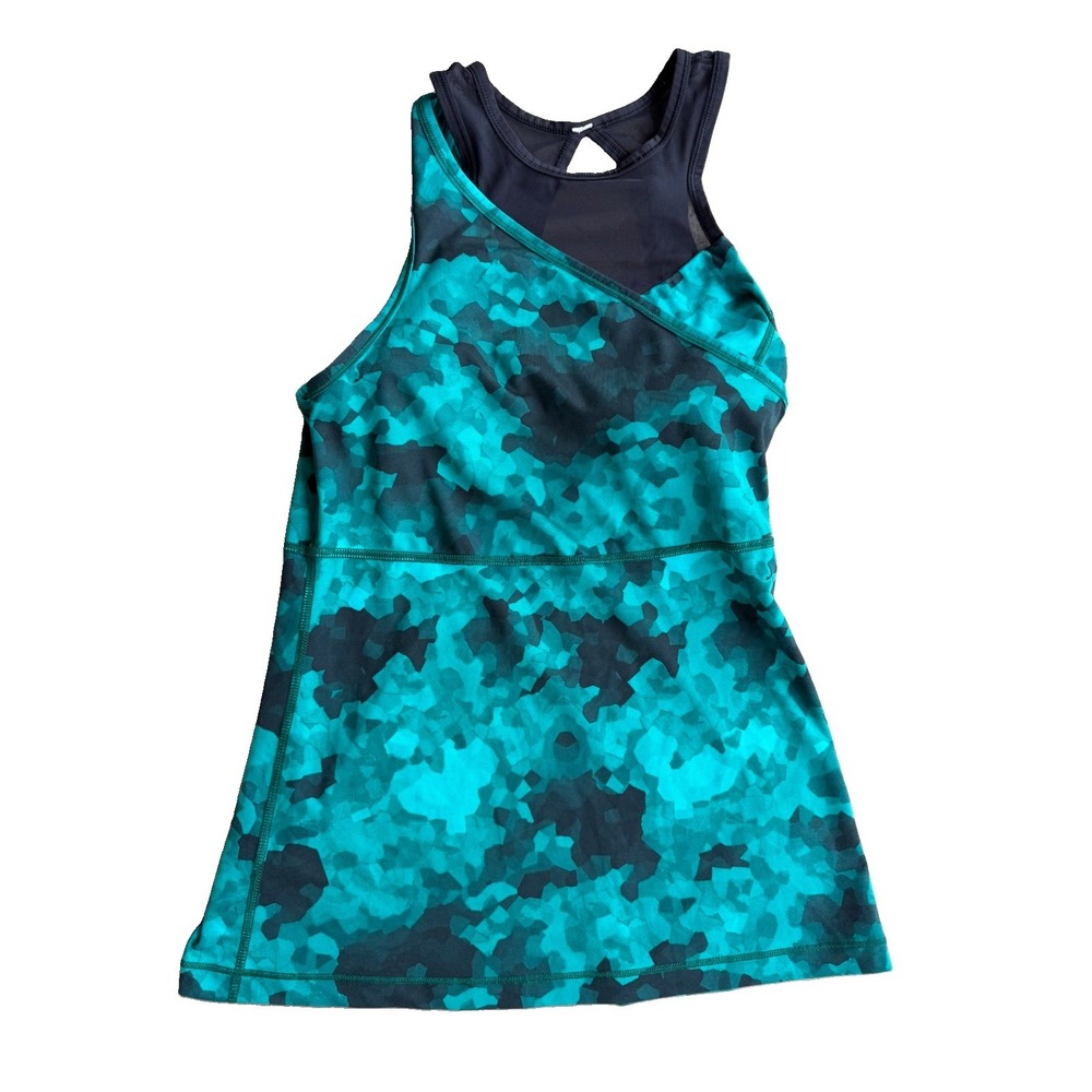 Lululemon Meshed Up Tank 2 IN 1 Top Size 8 Green Black Clouded Dreams Teal